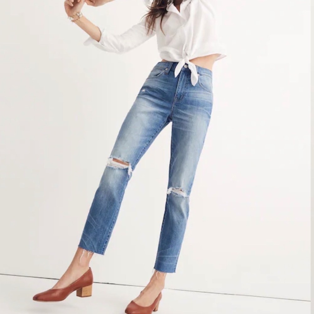 Madewell High-Rise Slim Crop Boyjean Distressed Blue Denim Size 30